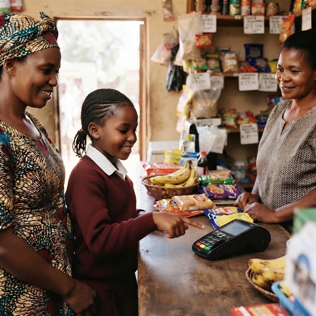 A mother and daughter paying at a shop counter