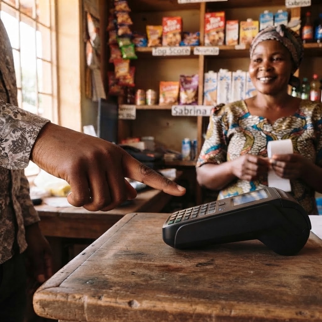 A customer paying at a shop terminal while the shopkeeper smiles