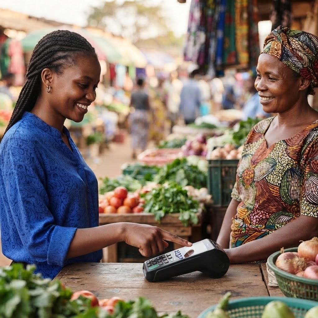 A woman paying a market trader at a fruit and vegetable stall