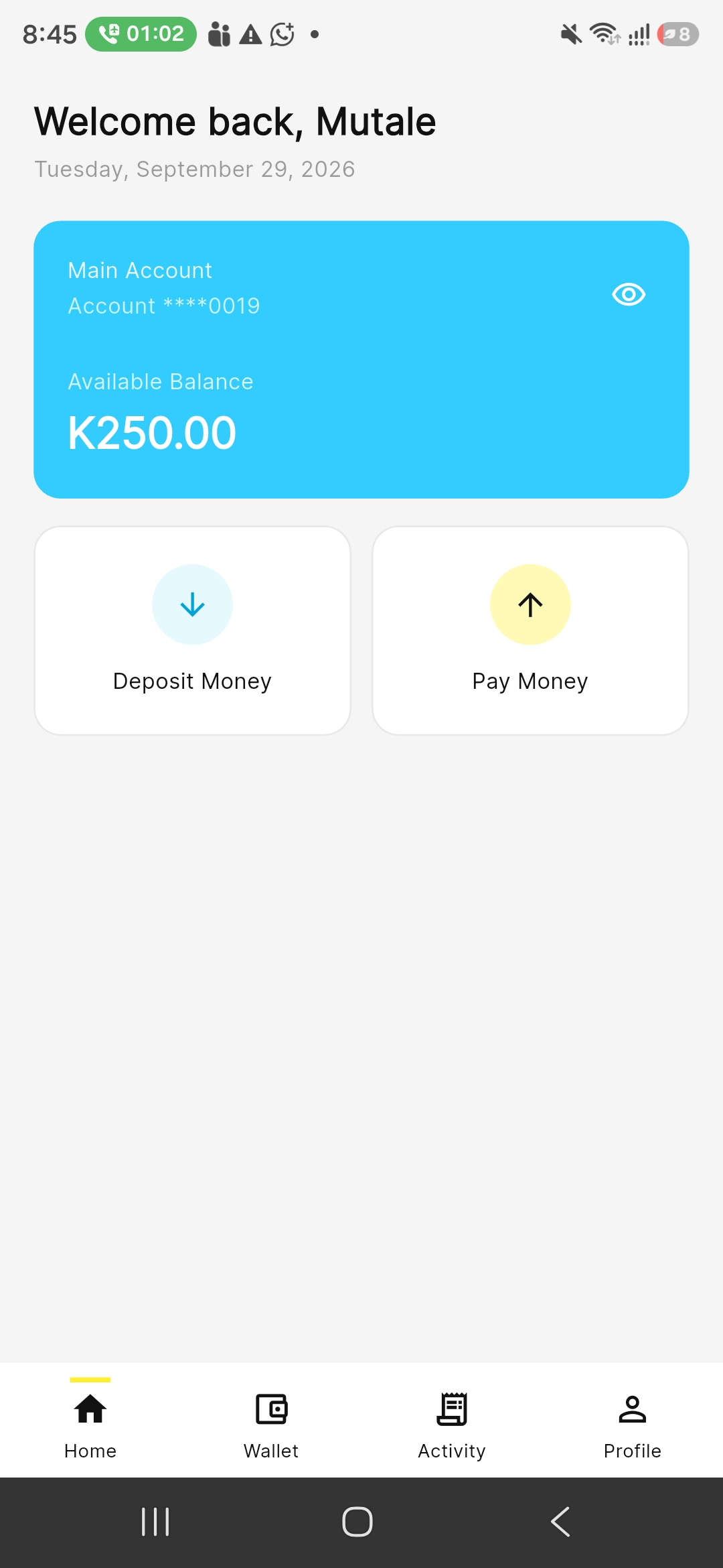 TXN Wallet app home screen showing a main account balance