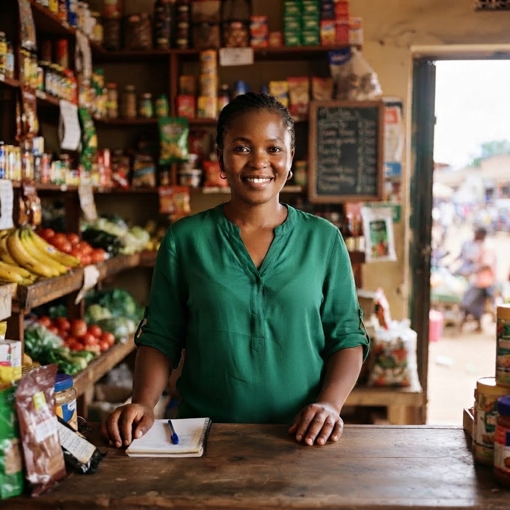 A smiling shopkeeper standing in her grocery shop
